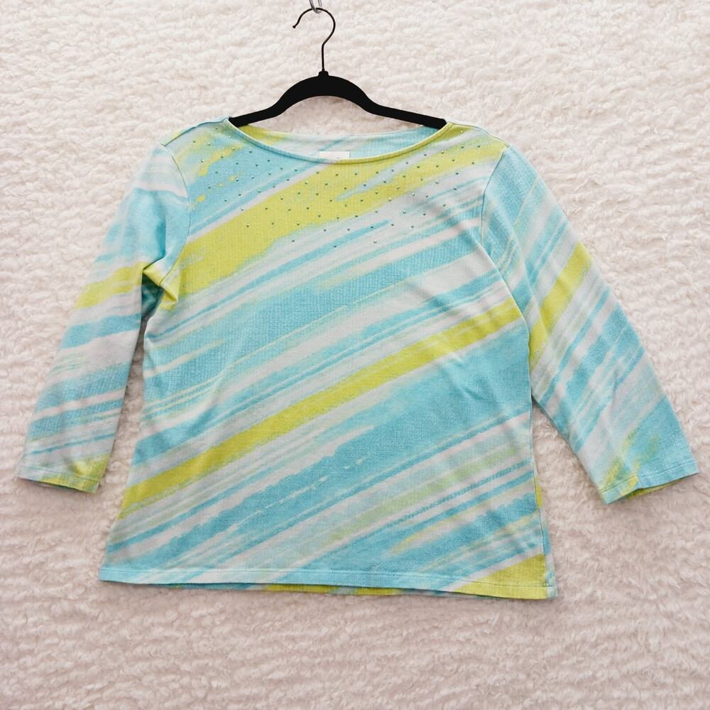 T-Shirt Women Stripe Aqua Jeweled Coastal Resort Casual Travel Comfort Size M